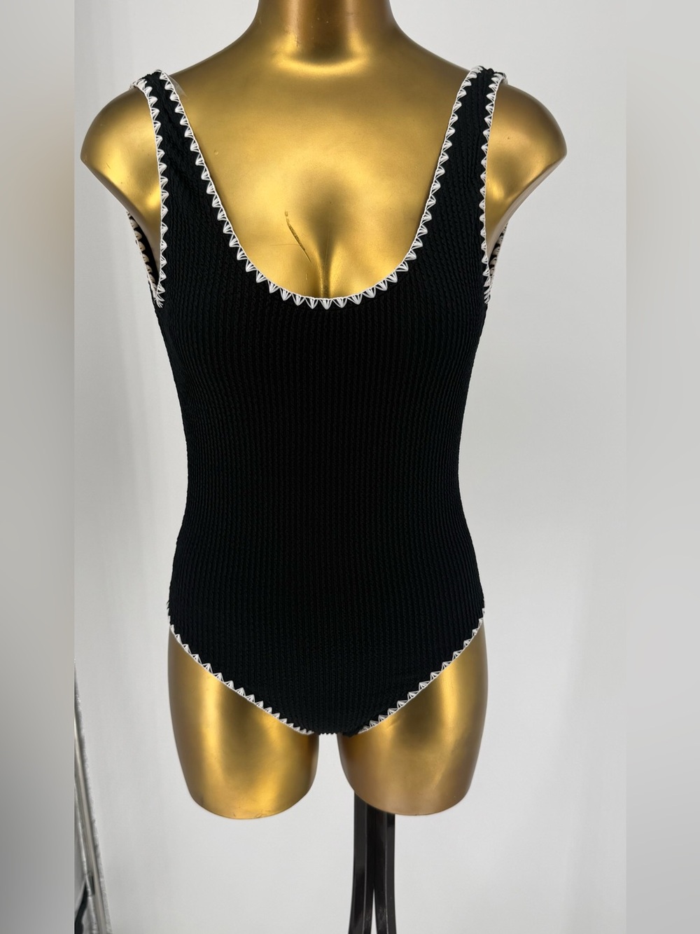 Betsey Johnson Black Ribbed Scoop Bathing Suit with White Trim Size Small